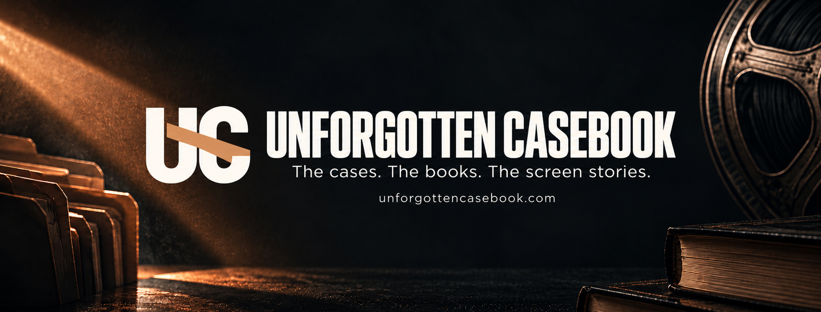 The cases. The books. The screen stories. — Unforgotten Casebook, with books, case files and a film reel.